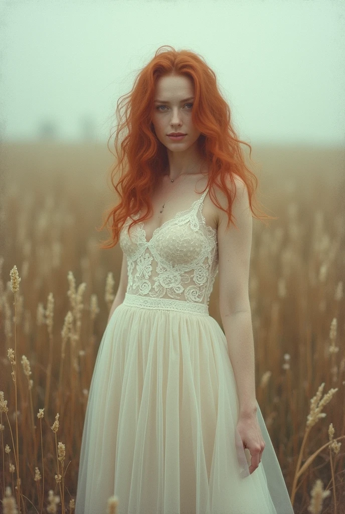 girl, age 25, Light red hair, breast outline showing through the sheerness of the dress, nakeness, close, waist framing. She looks at a point beyond the viewer. Provence. haze. 超detailded.  Provence. Foggy . High grain film. retro photography, David Hamilton Style. Analog photography. grainy. nymph.