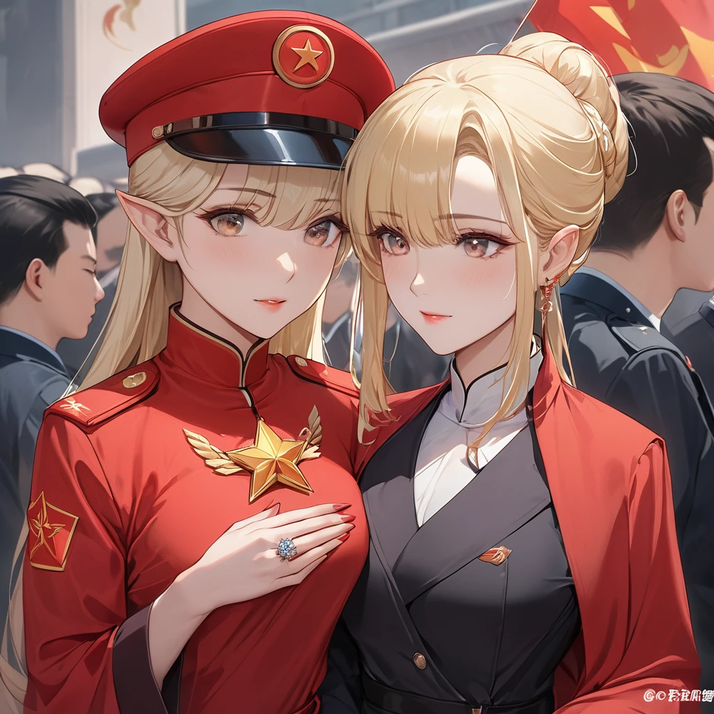 ((Best Quality)), ((masterpiece)), (detailed), （Perfect Face）、The woman is Seras Ashlain, a high elf with medium-long blonde hair, dressed in the uniform of a Chinese Communist Party member, adorned with luxurious jewelry and an engagement ring.、A woman becomes a member of the Chinese Communist Party, a member of the great Chinese people in body and soul, and a Chinese lady.、The woman is a member of a group made up of Communist Party ladies and works in public relations.