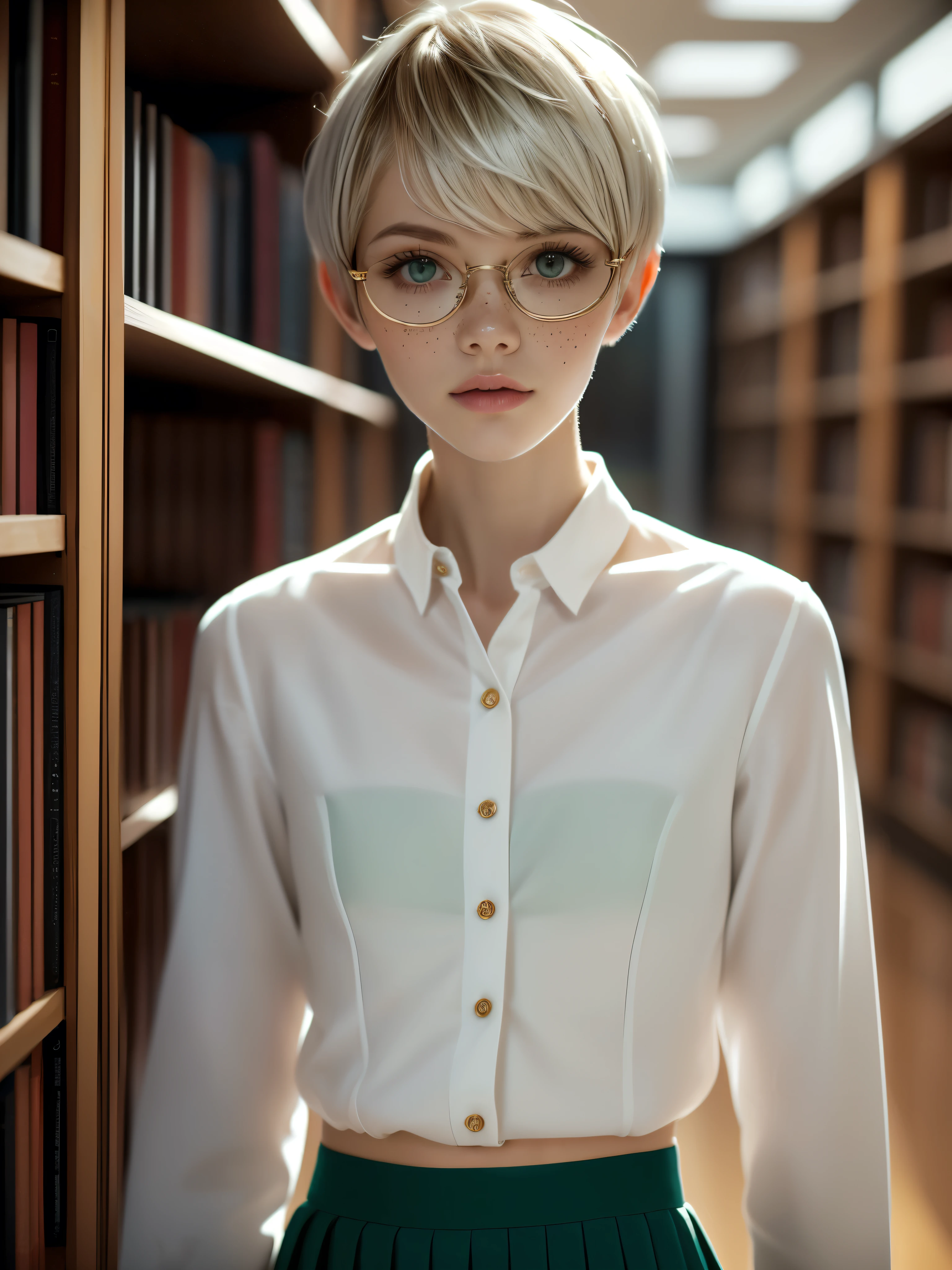 1girl, elegant bearing, small, slender build, short height, narrow shoulders, pale skin dotted by freckles, short platinum blonde hair, (((pixie cut hairstyle))), (((boyish hair))), (dark green eyes), silver glasses, cute facial features with an underlying elegance, thin lips, small breasts, youthful  girl, RAW photo, ((slim body: 1)), (HQ skin: 1.4), 8k uhd, soft light, high quality, ((school uniform, white clothes, gold accents, (looking at viewer:1.4), library
