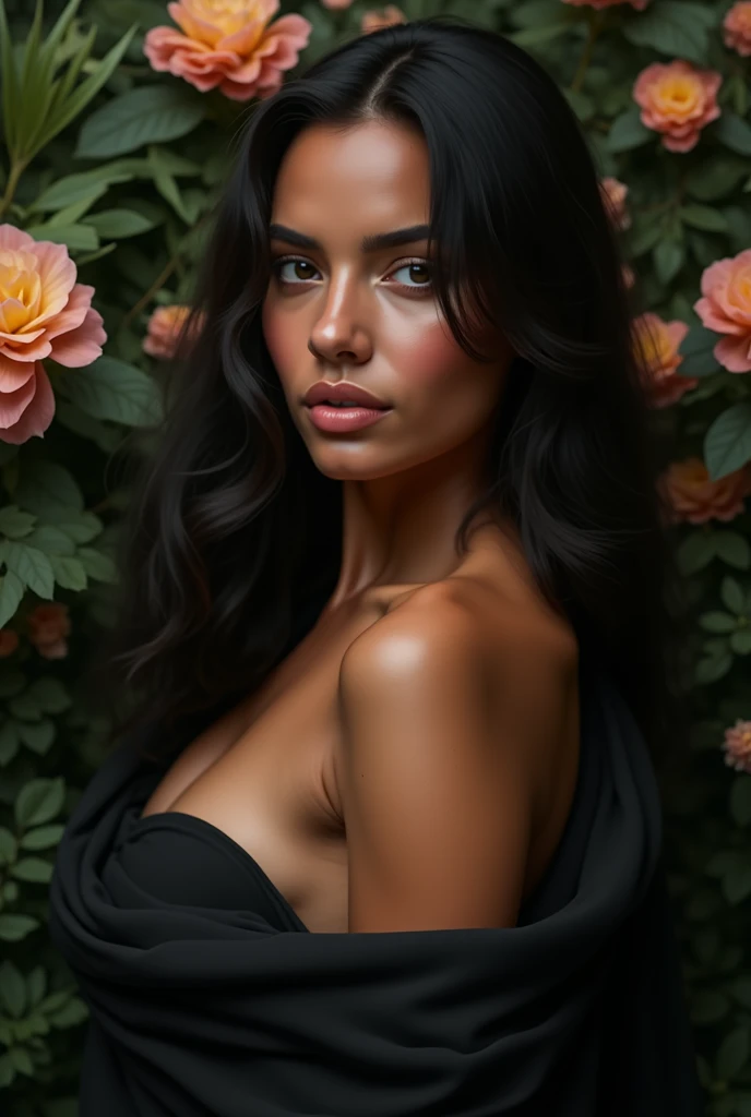 A Brazilian woman in a lush tropical garden, naked nude open sexy erotic, with a close-up capturing the harmonious beauty between her large pink breasts and the natural flowers, showing off your natural charm and outgoing personality.