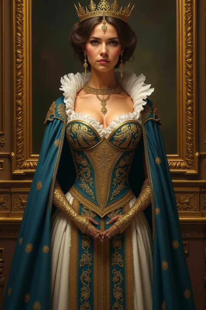 nipples areolas arafed woman in a blue dress with a gold crown, rococo queen, in a high renaissance style, ornate cosplay, in a renaissance style, historical baroque dress, glamourous cosplay, 1 7 th century duchess, medieval high fashion, dressed as a queen, elegant glamourous cosplay, masterpiece costume, as a medieval fantasy character, medieval princess, rococo cyberpunk