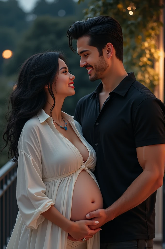 Colombian girl with black hair with a pink sports outfit that you can see the pregnant belly who is with her partner who hugs her in the back and is dressed in a sports outfit has a tattoo on her hand and arms and hairstyle for one side and there was back she has a beard with a mustache