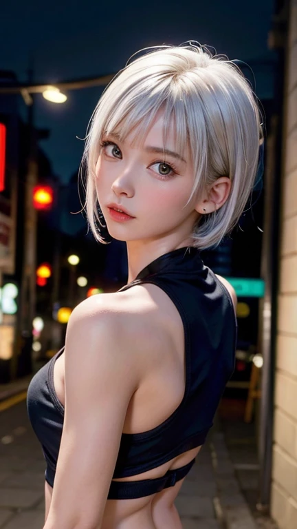 ((Highest quality、8K、masterpiece：1.3))、Sharpness：1.2、Perfect body beauty：1.4、Slim Abs：1.2、((Short Hair Styles Grey Hair、Big Tits Cleavage：1.2))、(White off-shoulder shirt：1.1)、(Neon city at night：1.2)、Wet：1.5、Highly detailed face and skin texture、Fine particles、double eyelid、Profile looking at the camera、tits