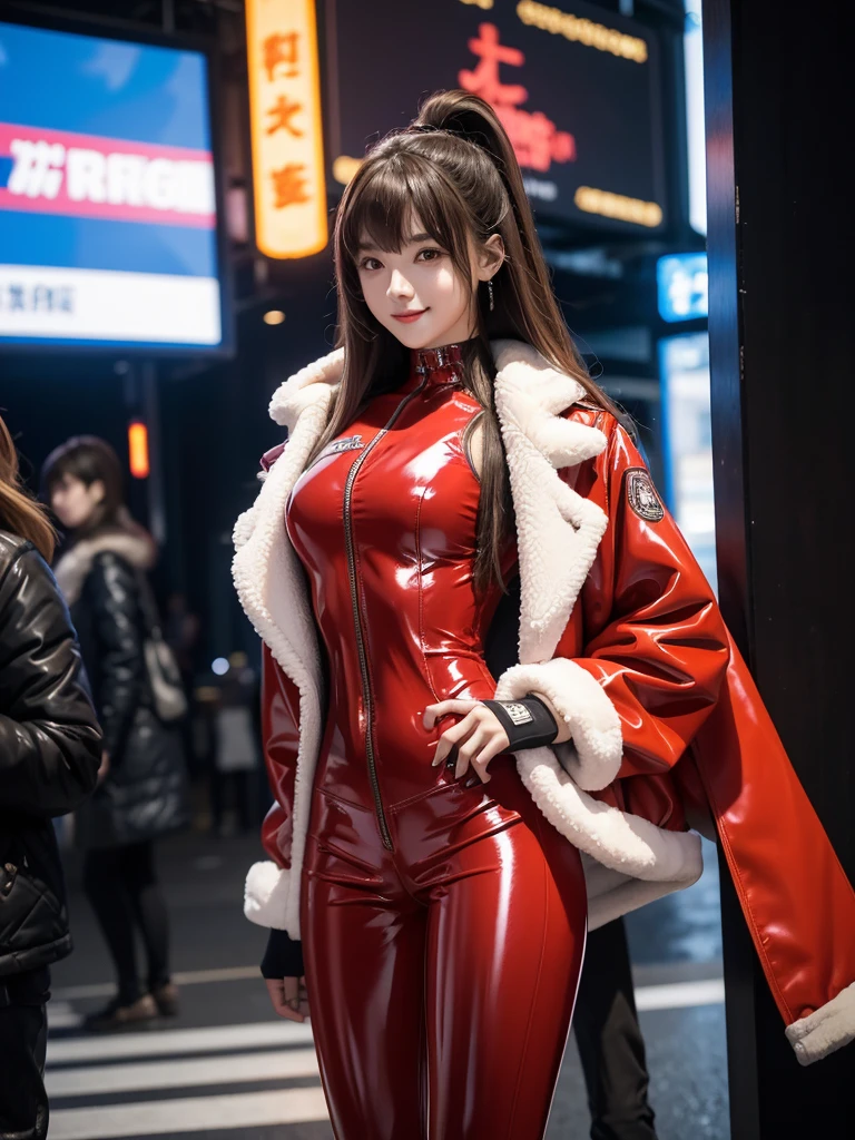 (RAW photo, best quality, masterpiece:1.2), (realistic, photo-realistic:1.4),(masterpiece:1.4),(best quality:1.4),1girl, solo, :d, cat ear headphones, arms up, bangs, blush, bodysuit, breasts, bunny pose, clothes writing, cowboy shot, cropped jacket, gloves, (((cyberpunk city streets background))), hair intakes, headphones, tech bodysuit, impossible clothes, tech jacket, large breasts, latex, latex bodysuit, long hair, long sleeves, looking at viewer, large breasts, open mouth, pink bodysuit, pink eyes, red jacket, shiny clothes, shrug \(clothing\), sidelocks, skin tight, smile, (laughing), (((thigh gap))), thighs, twintails, very long hair, white gloves, white hair,alice \(nikke\),(shiny skin),realistic.