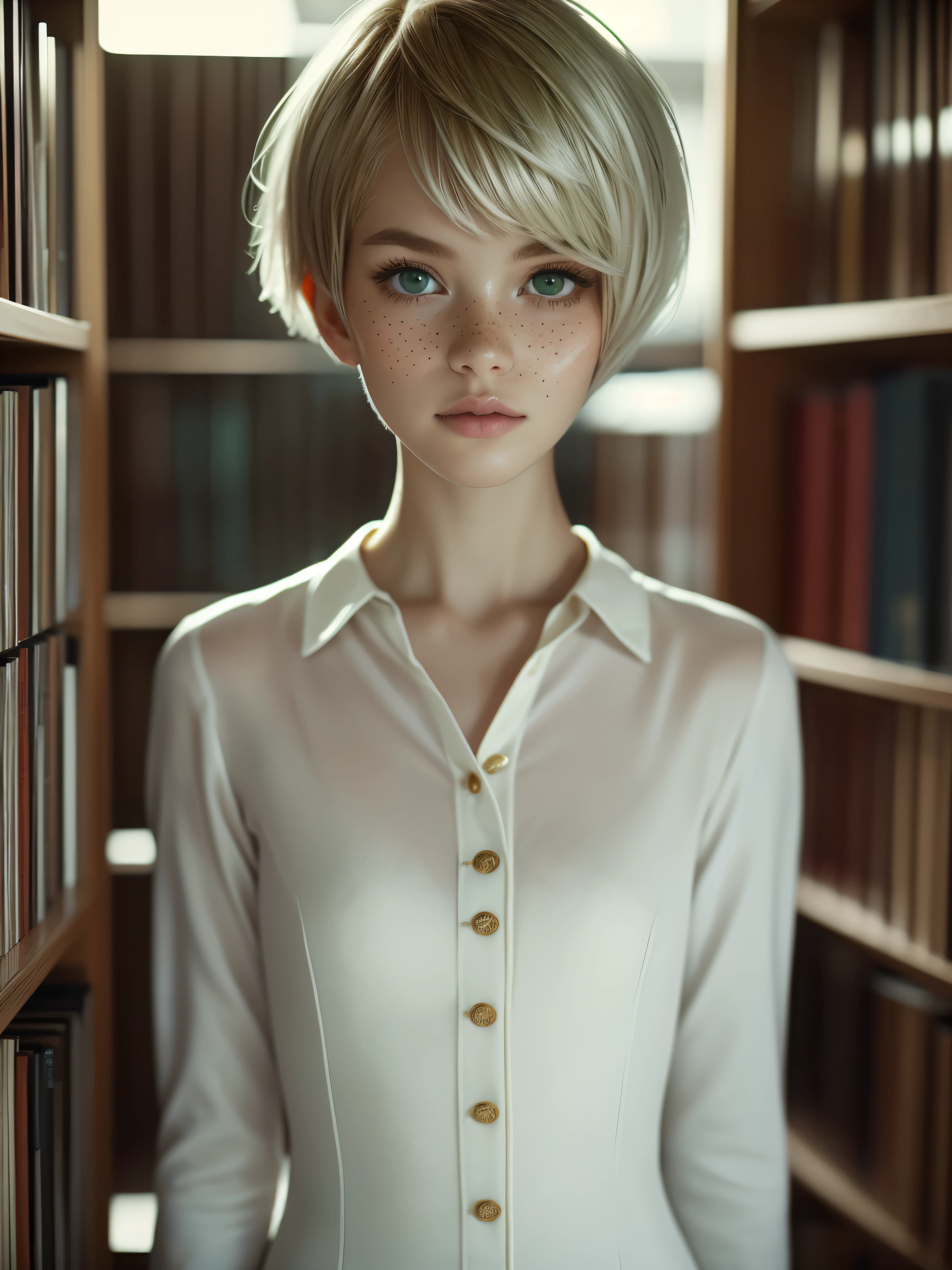 1girl, elegant bearing, small, slender build, short height, narrow shoulders, pale skin dotted by freckles, short platinum blonde hair, (((pixie cut hairstyle))), (((boyish hair))), (dark green eyes), silver glasses, cute facial features with an underlying elegance, thin lips, small breasts, youthful teen girl, RAW photo, ((slim body: 1)), (HQ skin: 1.4), 8k uhd, soft light, high quality, ((school uniform, white clothes, gold accents, (looking at viewer:1.4), library
