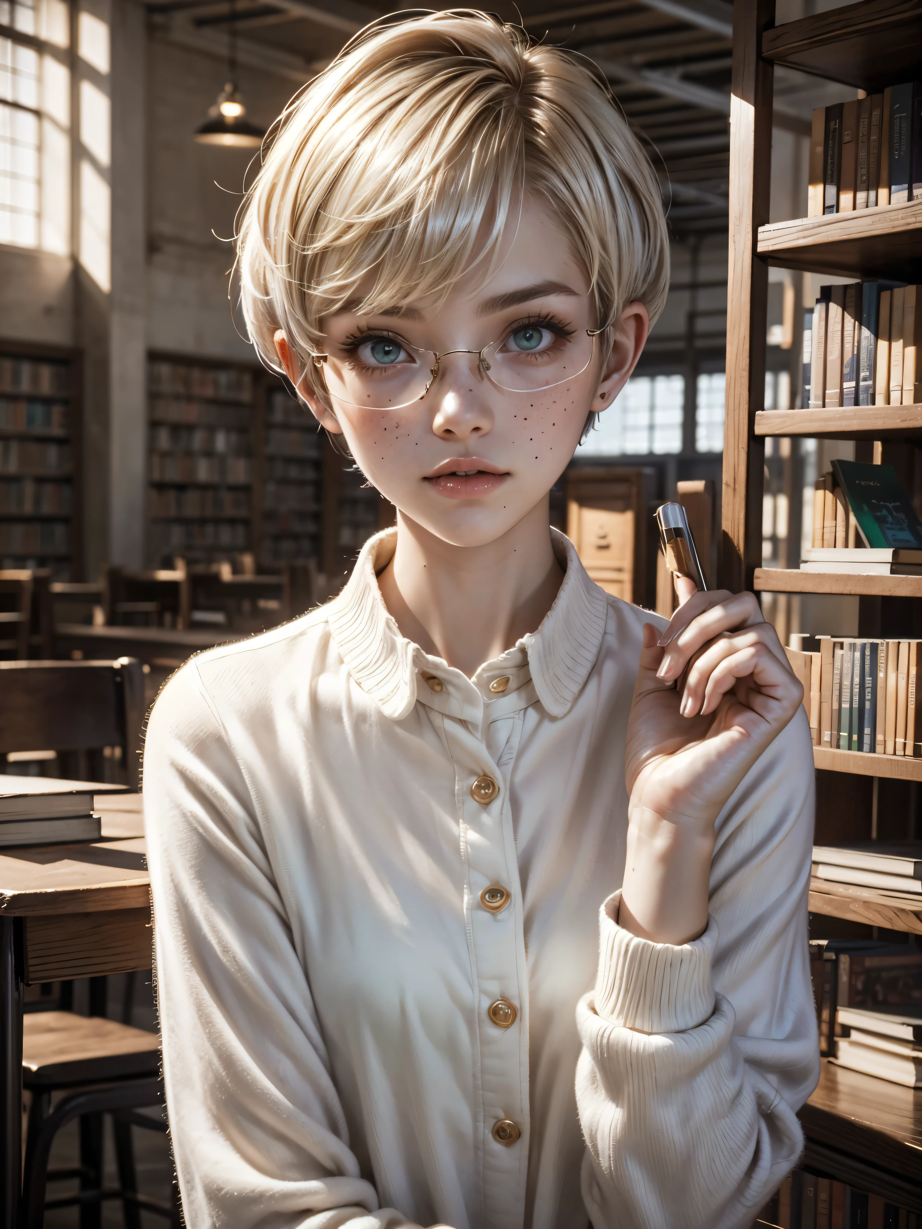 1girl, elegant bearing, small, slender build, short height, narrow shoulders, pale skin dotted by freckles, short platinum blonde hair, (((pixie cut hairstyle))), (((boyish hair))), (dark green eyes), silver glasses, cute facial features with an underlying elegance, thin lips, small breasts, youthful  girl, RAW photo, ((slim body: 1)), (HQ skin: 1.4), 8k uhd, soft light, high quality, ((school uniform, white clothes, gold accents, (looking at viewer:1.4), library
