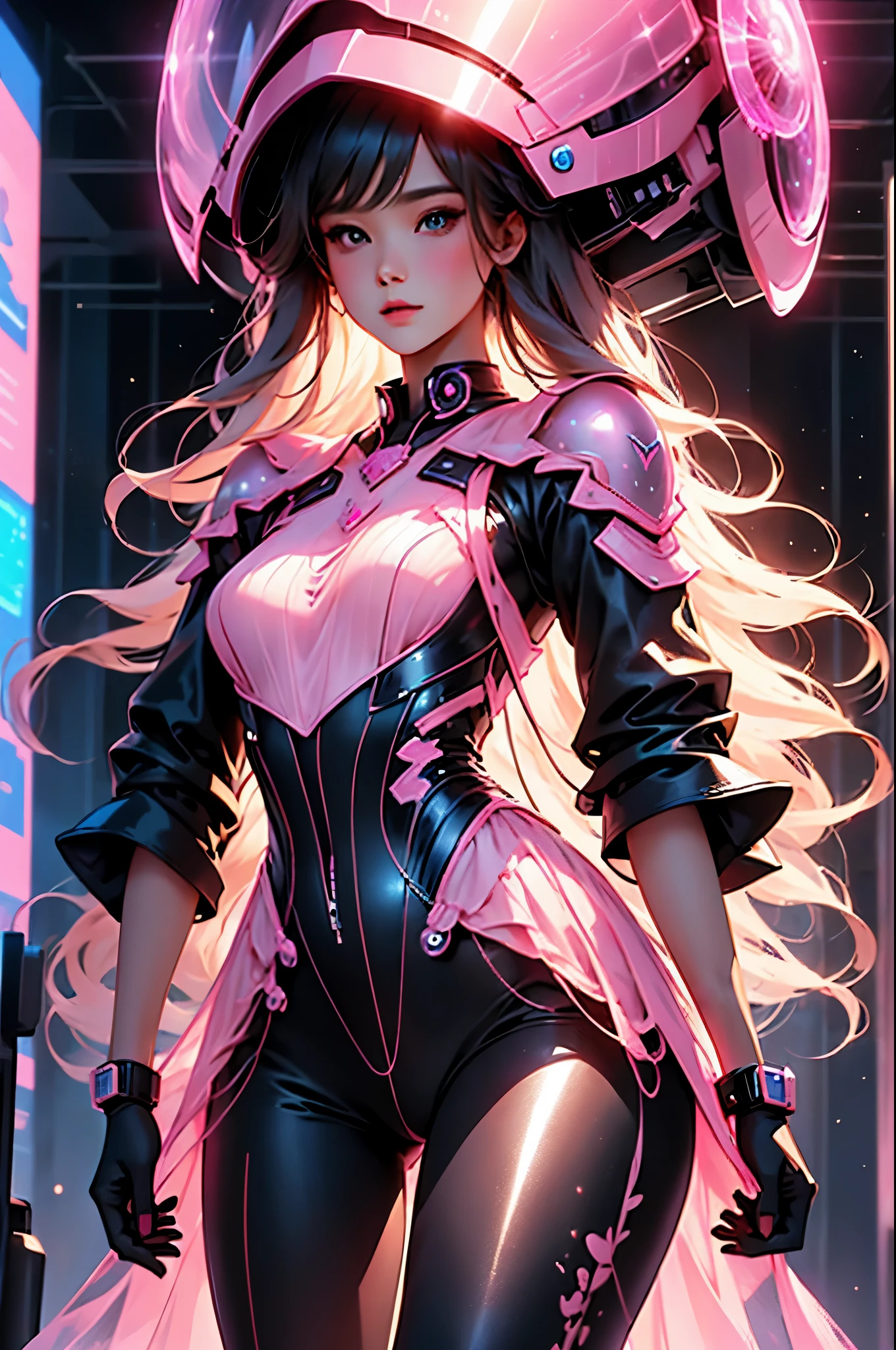 Highest image quality, outstanding details, ultra-high resolution, (realism: 1.4), the best illustration, favor details, highly condensed 1girl, with a delicate and beautiful face, dressed in a black and pink jumpsuit, wearing a mecha helmet, holding a directional controller, riding on a motorcycle, the background is a high-tech lighting scene of the future city.