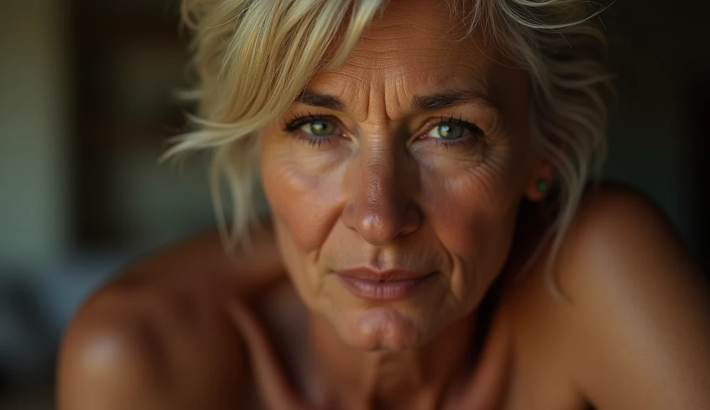 A mature woman, 50 years old, nude, focus on her anal, on all fours