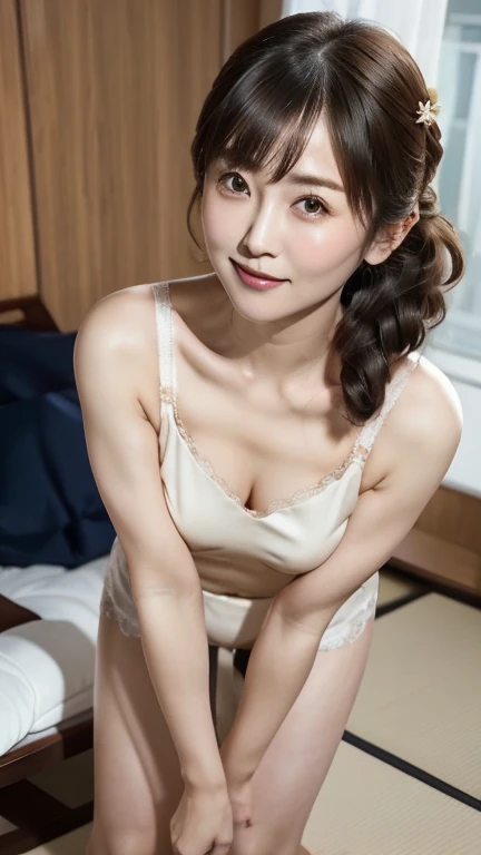 Beautiful Japanese milf, bra, panties, thighs, beautiful calves, smile, round face, updo, shot from the knees up, standing, shot from the front, detailed beautiful eyes, detailed beautiful face, gentle eyes, droopy eyes, bangs, 8K high resolution, office,
