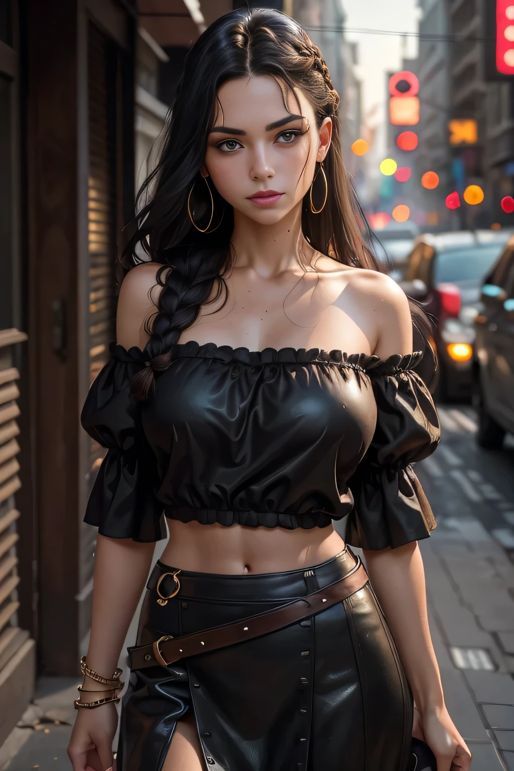 One woman of about 20 years old, black long hair, mature woman, body measurement 36-25-36, height 5'7", Hazel eyes, symmetrical detailed eyes, black sheer lipstick, wearing T-shirt, jacket and pant, Bending sideways with one arm reaching overhead, Enchanting medieval marketplace with merchants and lively townsfolk, side pose, shy mood, Close-up portrait, Model shot, Full Body Shooting, Masterpiece, RAW Photography, 8k, Top Quality, Fine Pore, Photorealistic, Ultra Detailed, (high skin detail:1.2),Extremely detailed, Intricate, sharp-focus