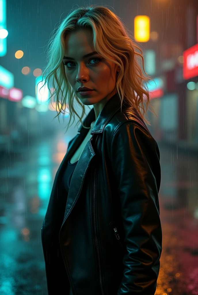 "A detailed image of a young woman with light blonde wavy hair slicked back with gel in a tight high ponytail with no bangs, walking in the rain on a street lit by street lamps at night. He is short in stature, with a curvy figure that includes prominent buttocks, a flat but not excessively toned abdomen, and medium, round breasts. She is wearing a tight black dress that highlights her natural curves and a delicate silver choker.. Her face shows a sweet but defiant expression., with raindrops running down her hair and skin. The scene captures the contrast between the soft street lighting."