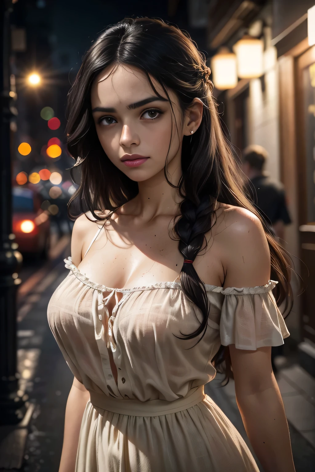A girl scout with medium length brown hair, children's pigtails hair, Caucasian facial structure, a beautiful smile on her face and a deep look, she is wearing a sheer red night dress, breast slip, she in a dark street,