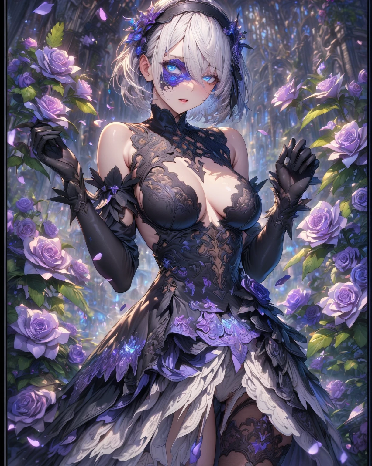 (nsfw photo:0.7, with a woman in the bottom right of photo:1.5, in white garden:1.5), Masterpiece, best quality, (very detailed CG unity 8k wallpaper), (best quality), High definition RAW color art, Animation,sculptures, (black Marble Skin), (((Ultra detailed elegant))), Magical atmosphere, Detailed skin, Texture,(Intricately detailed, Fine detail, ultra-detail art), depth of fields, bokeh, Silky Touch, Hyper Detail, beautiful eyes, Elegant Face, (posing), sparkle background, enormous breast:1.4,  (opened legs, silver hair), pastel purple, skinny witchcraft dress, embarrassing face, hydrangea,  Dramatic Light, Gwegs' ArtStation pixiv