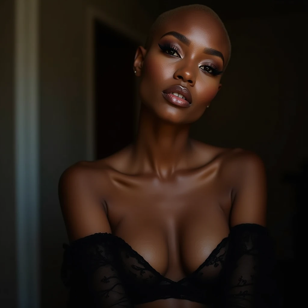 black American model girl, staight and white hair, makeups, eye lashes, glowing lipsticks, smiling, modeling poses, black color tight frock