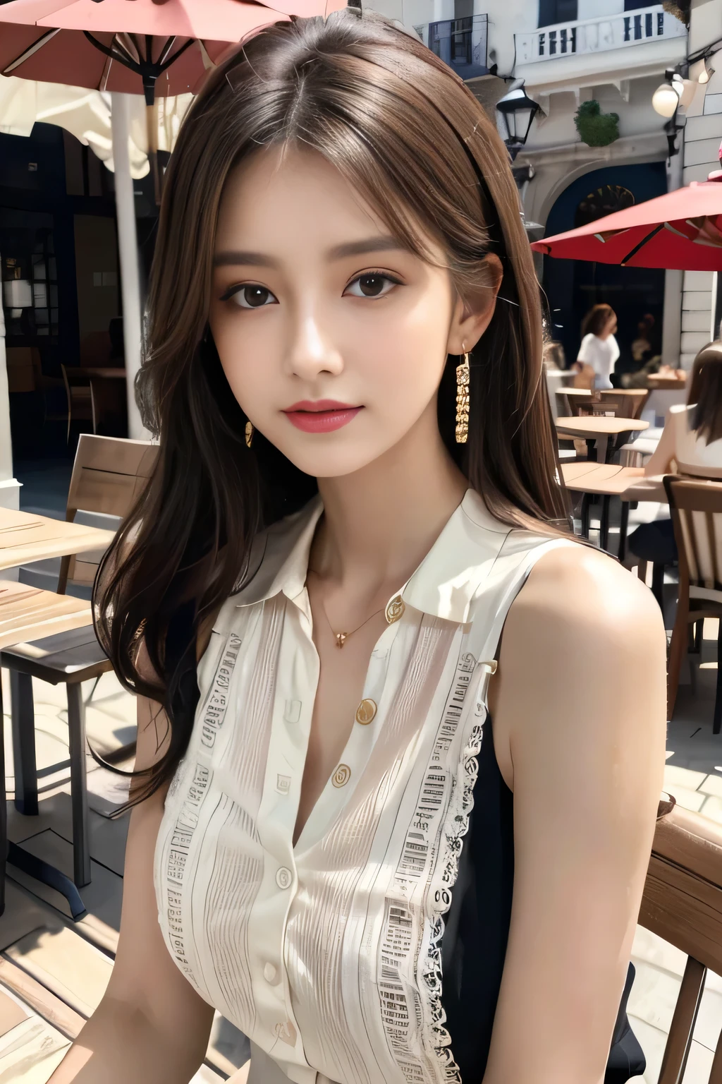 masterpiece, Highest quality, Realistic, Very detailed, Finer details, High resolution, 8k wallpaper, One beautiful woman,Wear a nice blouse, On the terrace of a lovely cafe, at noon, Light brown messy hair, Perfect dynamic composition, Beautiful and beautiful eyes、Big earrings、Sleeveless shirt、