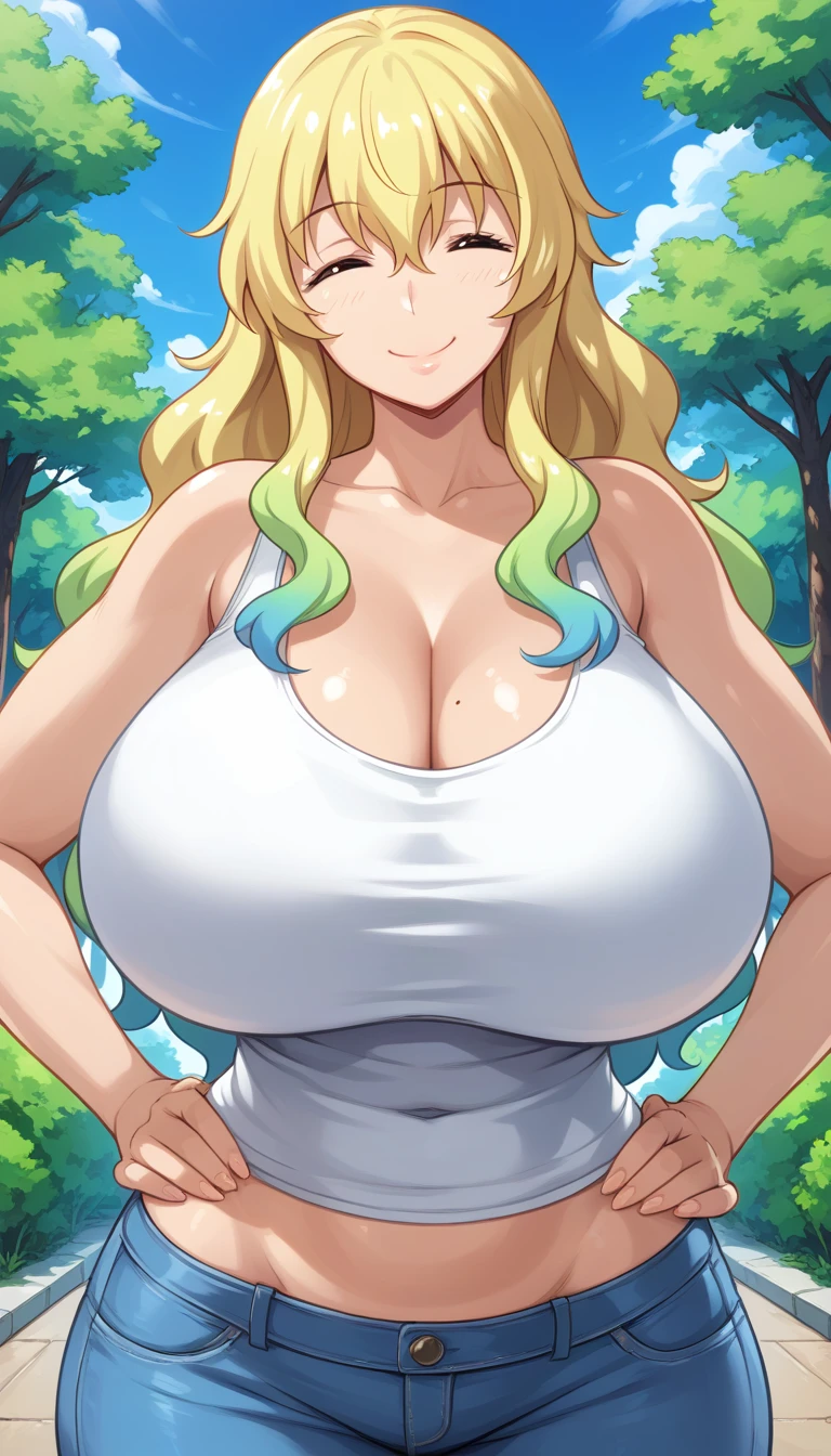 1girl, solo, mature female, milf, lucoa, score_9, huge breasts, tank top, jeans, outdoors, upper body, looking at viewer, smile, hands on hips