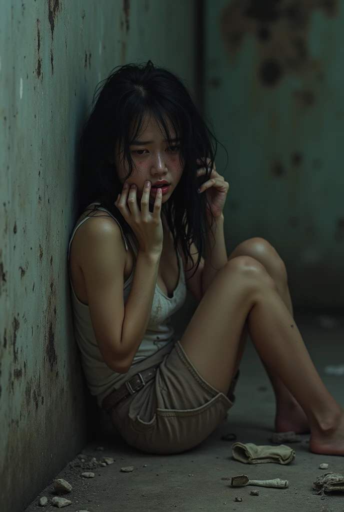(8K分辨率,Photo above the thigh,Sideways photo of kneeling sitting),(1womanl,20yr old,((Face with thin bones,The face of vicissitudes,unkempt,详细的脸)),(Messy long hair),(Praying gaze,Look into the camera),Rough, broken skin,(Covered with dust and dirt),Barren breasts,(Dirty sleeveless T-shirt,(torn outfit,Clothes covered with stains),(Worn-out shorts),(A thin body),Handguards for rag strips,Shriveled and thin body,(Dirty body,sat on the ground),perfect hand,Ultra-fine clothing material),((Remains Cliff,Ruins of war,(Walls full of craters),Brutal war survival,Exquisite environmental details)),(Professional lighting,动态照明),((The color is uniform,(white colors,brown pubic fur,black in color,greys))),(Golden section,Cinema lenses,Hasselblad photograp,tmasterpiece:1.3),(End-time survival,Brutal war survival,Artis,Art platform)