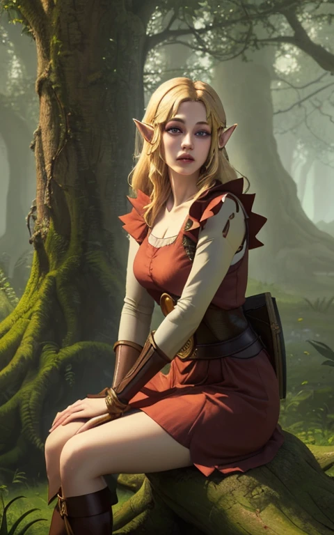 a beautiful young elf princess zelda, 1, sitting on a tree trunk in the magical kingdom of hyrule, looking directly at the viewer, wearing her original legendary zelda game outfit, intricate detailed dress, long blonde hair, delicate facial features, extremely detailed eyes and face, beautiful detailed lips, long eyelashes, highly detailed, vibrant colors, fantasy landscape, sunlight filtering through the trees, warm lighting, photorealistic, award winning digital art, (best quality,4k,8k,highres,masterpiece:1.2),ultra-detailed,(realistic,photorealistic,photo-realistic:1.37)