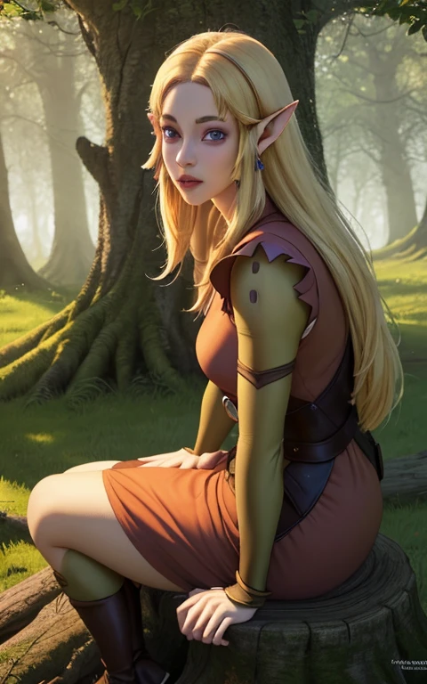 a beautiful young elf princess zelda, 1, sitting on a tree trunk in the magical kingdom of hyrule, looking directly at the viewer, wearing her original legendary zelda game outfit, intricate detailed dress, long blonde hair, delicate facial features, extremely detailed eyes and face, beautiful detailed lips, long eyelashes, highly detailed, vibrant colors, fantasy landscape, sunlight filtering through the trees, warm lighting, photorealistic, award winning digital art, (best quality,4k,8k,highres,masterpiece:1.2),ultra-detailed,(realistic,photorealistic,photo-realistic:1.37)