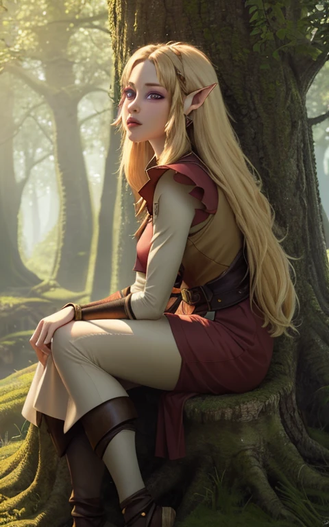 a beautiful young elf princess zelda, 1, sitting on a tree trunk in the magical kingdom of hyrule, looking directly at the viewer, wearing her original legendary zelda game outfit, intricate detailed dress, long blonde hair, delicate facial features, extremely detailed eyes and face, beautiful detailed lips, long eyelashes, highly detailed, vibrant colors, fantasy landscape, sunlight filtering through the trees, warm lighting, photorealistic, award winning digital art, (best quality,4k,8k,highres,masterpiece:1.2),ultra-detailed,(realistic,photorealistic,photo-realistic:1.37)