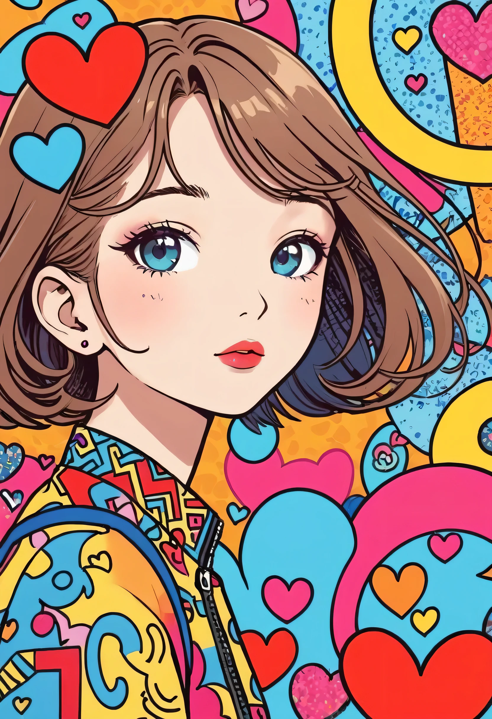 Keith Haring colorful style, Simple Line Initialism,Abstract art,Urban Background, (((The most beautiful girl of all time))), Sweet face. Lips in love, colorful hearts, stylish design
