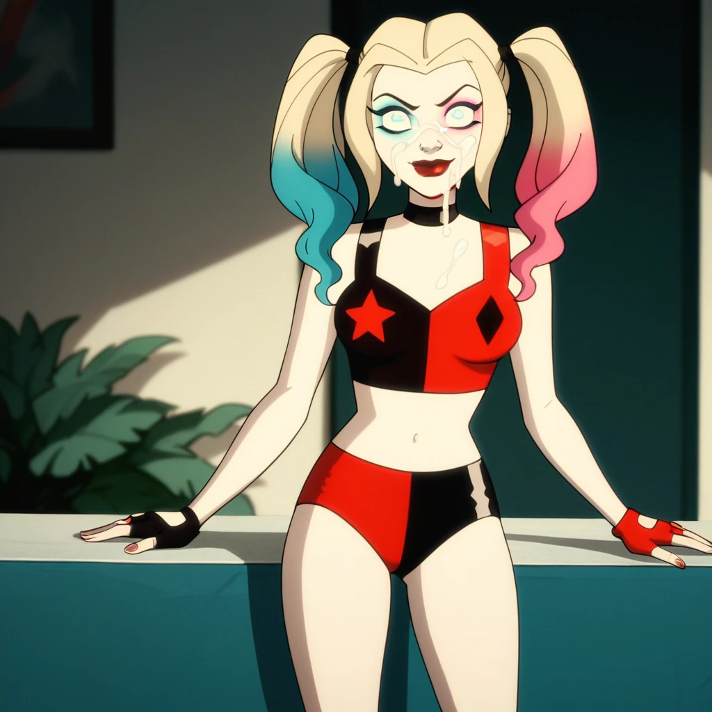 1girl, twintails, multicolored hair, blonde hair, blue hair, pink hair, blue eyes, choker, black choker, shorts, crop top, midriff, navel, fingerless gloves, makeup, lipstick, red lips, in an abandoned factory, kneeling in front of viewer, ((face dripping with semen, great amount of semen on face, a lot of semen on face)), sticking tongue out, opened mouth, ((happy, smiling, excited)),
