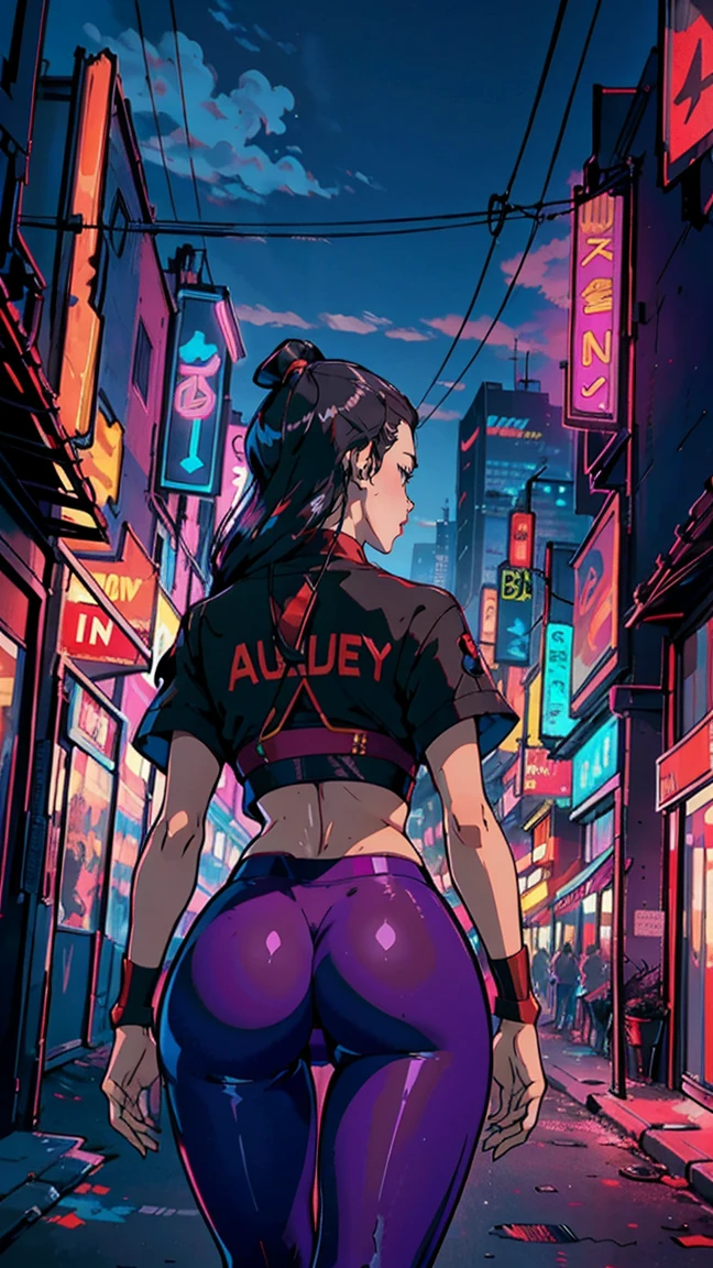 (azula, Walking around the city, Very sensual, In tight clothes, Big Ass, Thick legs, trainer, Leggings pants, Navel comes out, Long Hair, Rear speakers, Very realistic, View of the Cyberpunk City, Clearly defined lines, Neon Lights Very Sexy, 8k, 8k Very detailed), (Very delicate and beautiful), (masterpiece), (Better Quality: 1.0), (Ultra-high resolution:1.0), ((Synthwave Background Theme)),
