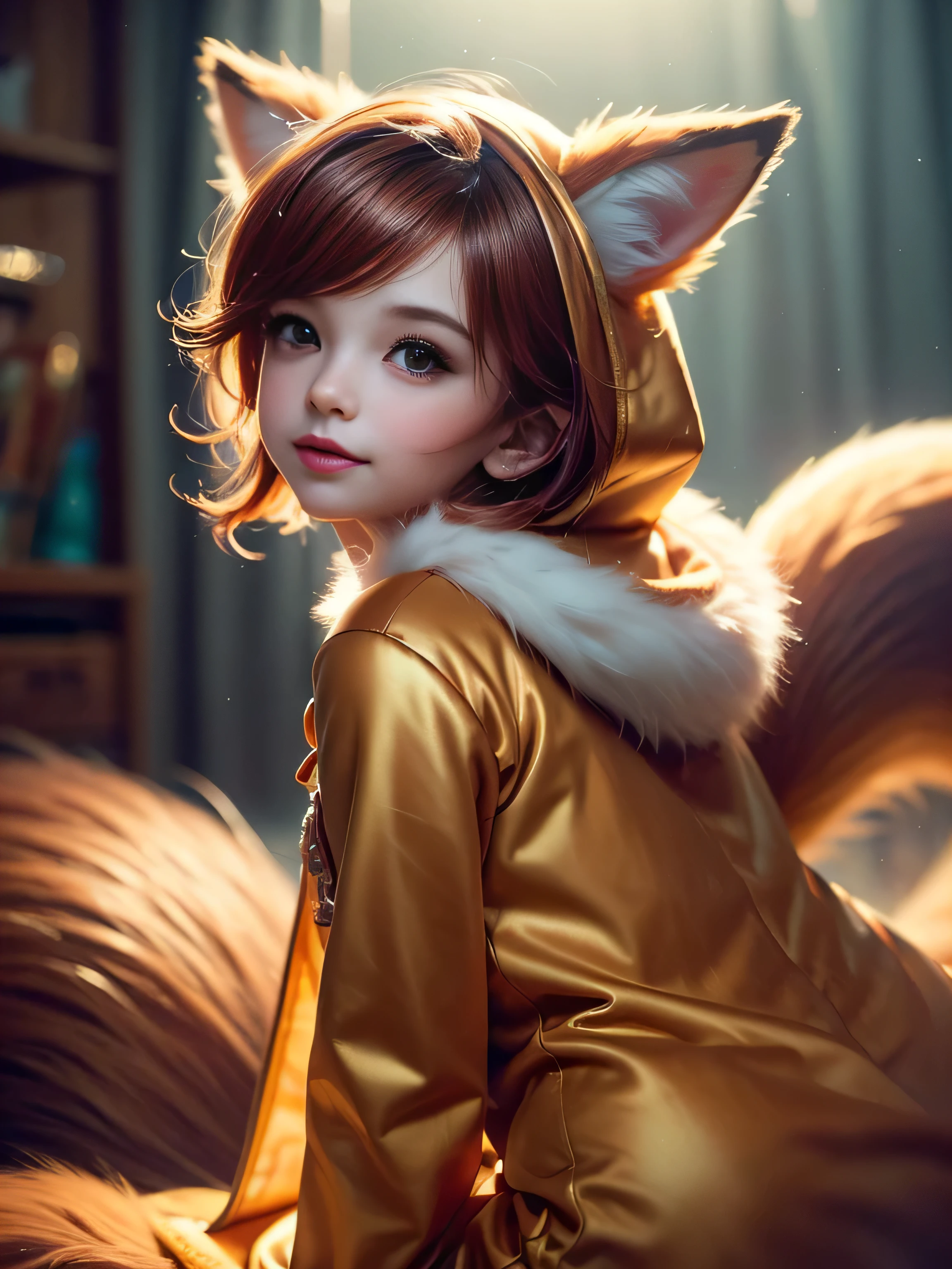 (Best Quality, Super Detailed, masterpiece, representative work, official art, professional, super high detail, 8k:1.3) Cute girl face, ginger hair, ((brown)) eyes, 1 girl, fox costume, hood, fox tail, furry, kneeling, girl dressed as furry, Vivid colors, Red hair, Innocent expressions, Playful features, Natural lighting, Soft background, Photorealistic, Shining eyes, Sharp focus, Glowing skin, Sweet and mischievous look, Hint of mischief, Dreamy atmosphere, Delicate details, soft volumetric light, (backlight:1.3), (cinematic:1.2), intricate details, (ArtStation:1.3)