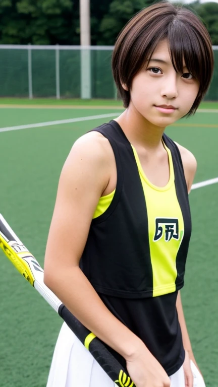 Japanese female junior high school field hockey player wearing a tank top、Boyish super short hair、Dark brown hair color、I&#39;Badly sunburned、Sexy tank top that exposes the stomach and navel、masterpiece、High resolution、high quality、realism、Natural skin texture、Messy hairstyle、smile