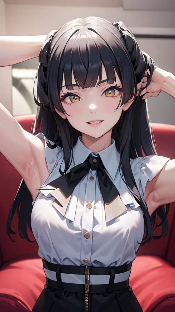 masterpiece, best quality, NSFW, 1girl, black hair, ,yellow eyes, white collared shirt, living room, smiling, arms up, detailed eyes, detailed facial features, realistic and high resolution (best quality, 4k, 8k, highres, masterpiece:1.2).