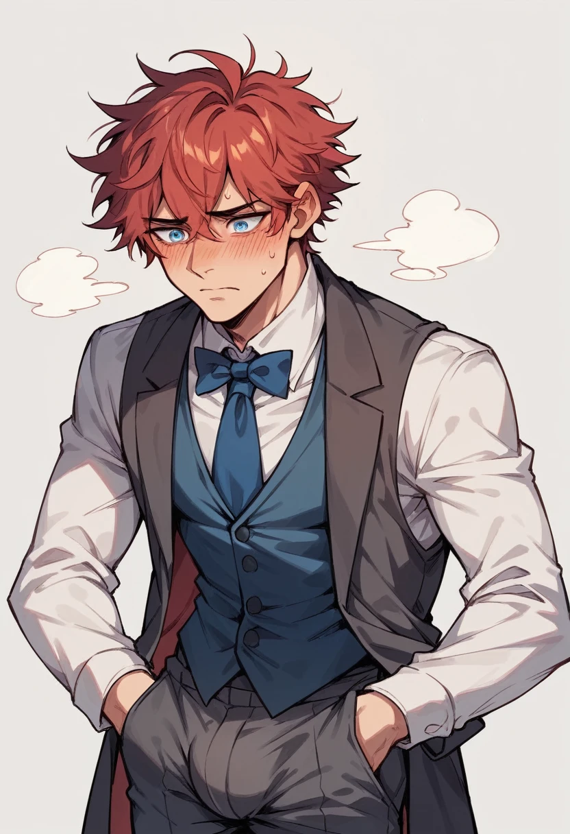 Anime girl, long messy red hair, blue eyes, blushing, flustered expression, suit vest, fancy background, high resolution, high quality, bulge, formal attire