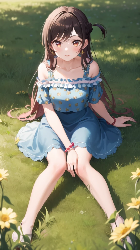 a woman laying on a rock in a pool of water with her eyes closed, Aramenta Dianthe Vail, sun, a tattoo, arabesque, 1girl, 3d, barefoot, blue_dress, brown_hair, building, bush, city, cityscape, crossed_legs, day, dress, feet, floral_print, grass, house, jewelry, long_hair, outdoors, photo_\(medium\), photo_background, photorealistic, plant, road, scenery, sitting, solo, street, tree,
beautiful detailed glow, detailed, Cinematic light, intricate detail, highres, detailed facial features, high detail, sharp focus, smooth, aesthetic, extremely detailed, octane render, artgerm style, (small chest:1.2), skinny body,