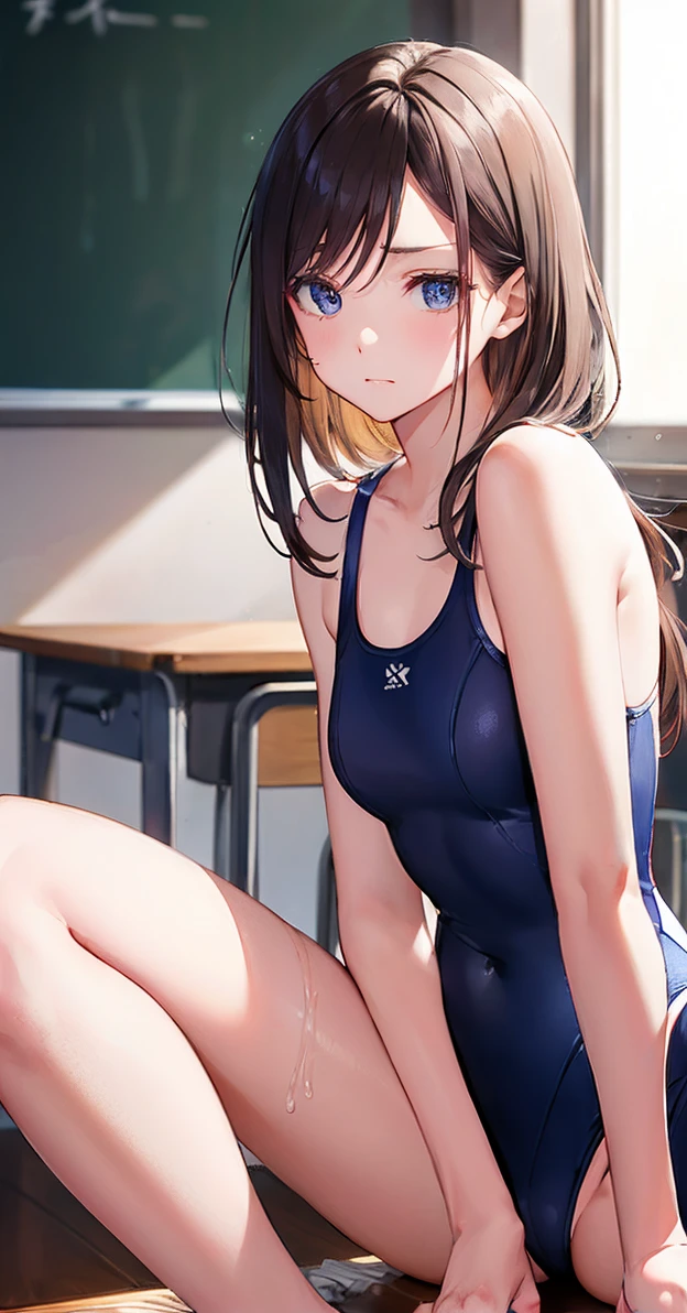 Best Quality,High resolution,unity 8k wallpaper,(shape:0.8),(Beautiful and exquisite:1.6),Detailed face,Perfect lighting,Detailed CG,(Perfect hands, Perfect Anatomy),Young woman,Slender,Long Hair,Bob,Brown Hair,blue eyes,High leg,Shiny school swimsuit,classroom,sweat:1.3),(Eyeliner:1.3),(eyebrow:1.3),Spread your legs,Raise both knees,Get wet,(swept bangs:1.5)