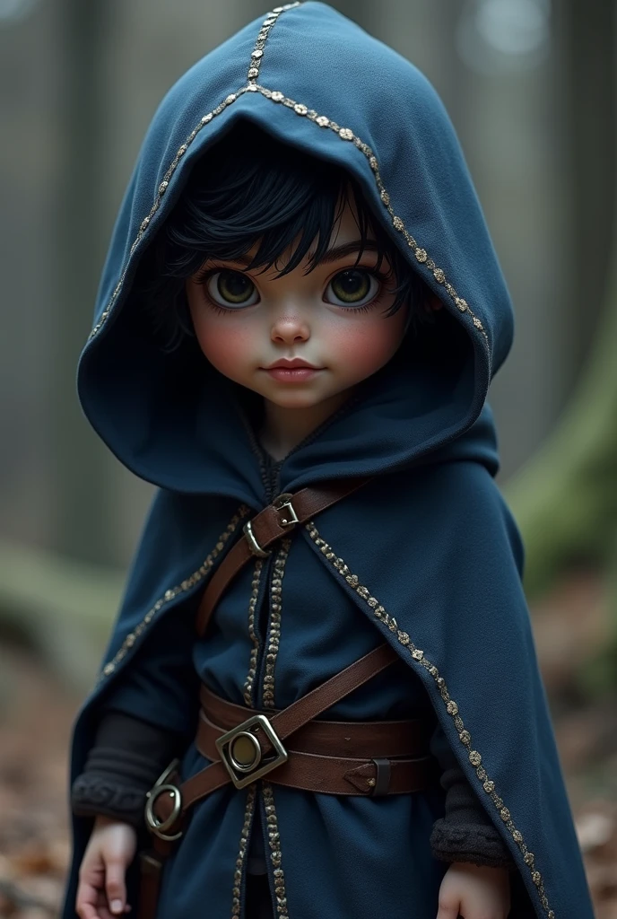 Elf 19 years old, Blue eyes, black short curly hair, white stockings, long skirt, and a nice cotton shirt and a blue jacket, black cloak