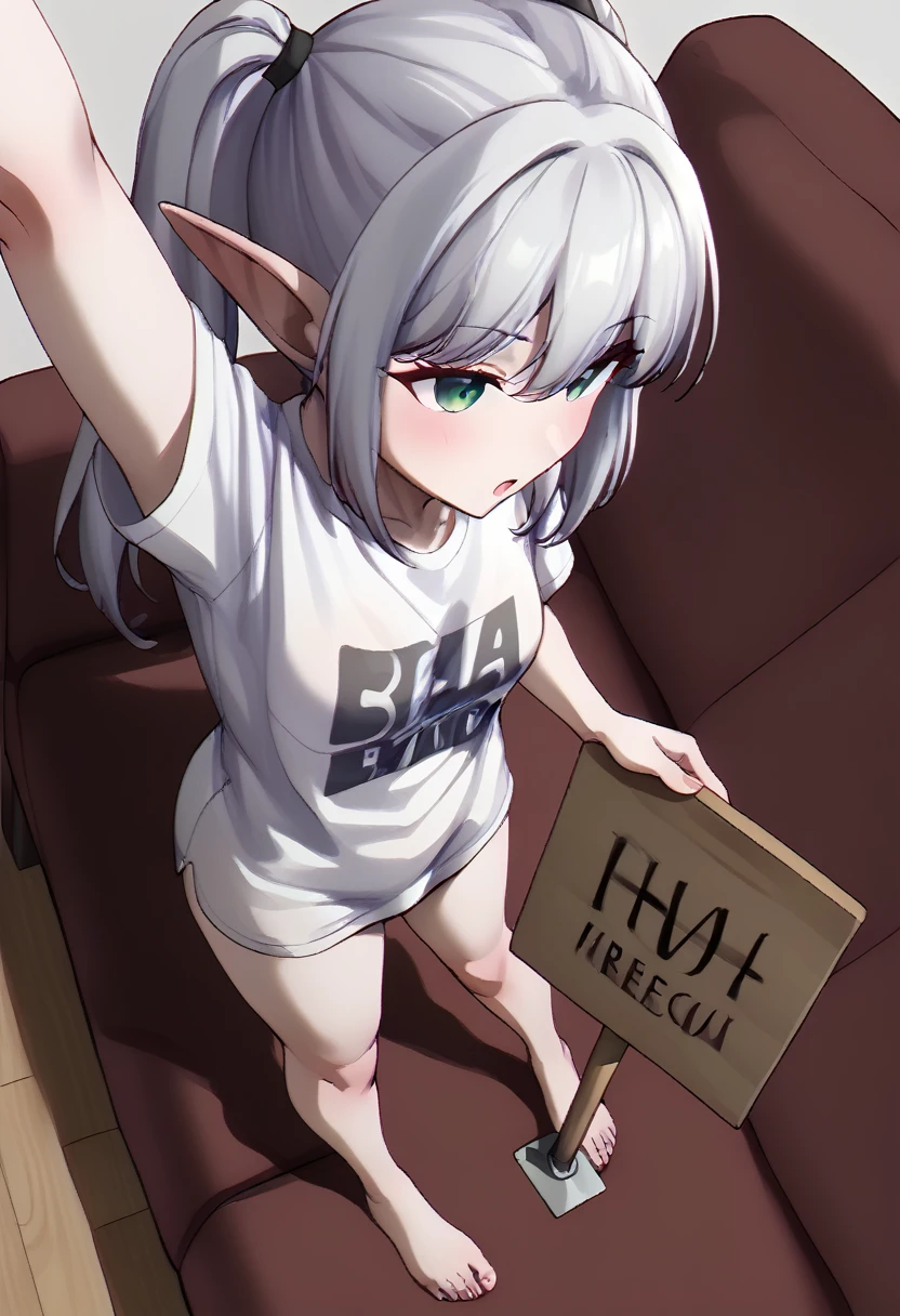 (best quality, ),sexually,  erotic, 18+, nsfw, 1 , 1, scorn, pride, long silver hair,bright eyes, ((Standing)), (((stretching))), ((green eyes)), ((Two ponytails)), white dress, (((From above))), Mike , with elf ears  ,  holding a sign , white transparent t-shirt, sitting on the couch 