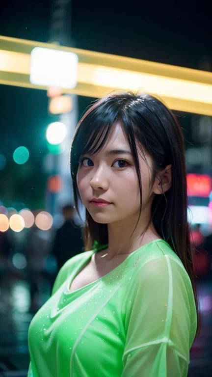 (One Girl),Japan at 25,Medium black hair with some green highlights、 I have a few freckleicro Bikini)),Standing full-body photo、White headphones with a complex shape,in the abandoned building、Night Photo、Great face and eyes, ((Highest quality)), (Super detailed), (Very detailed CG 統合 8k 壁紙), Very detailed, High-resolution RAW color photos, Professional photography,