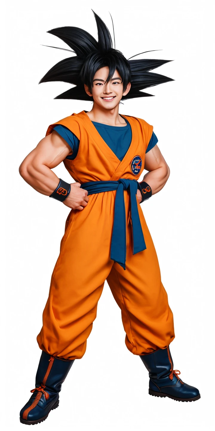 (8k, best quality, masterpiece:1.2),80mm, hd, realistic, 1manphoto, gentle man, asian young man, cosplay, yamcha, male focus, 1boy, black hair, solo, scar on face, smile, muscular male, spiked hair, black eyes, short hair, forehead, orange dougi, orange pants, blue sash, outdoors, (blue wristband), looking at viewer, day, tree, blue sky, grass, rock, insignia,alternate hairstyle