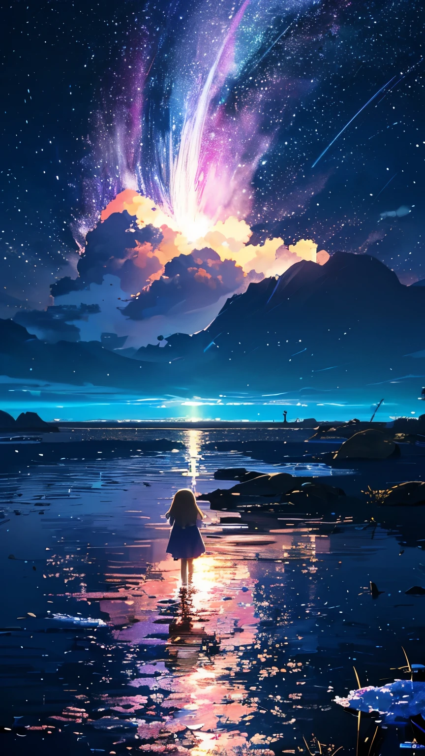 naked anime girl standing on a rock looking at a star filled sky, makoto shinkai cyril rolando, anime art wallpaper 4k, anime art wallpaper 4 k, anime art wallpaper 8 k, cosmic skies. by makoto shinkai, inspired by Cyril Rolando, in the style dan mumford artwork, amazing wallpaper, by Yuumei, butt, thigh gap, bare feet, beautiful feet,