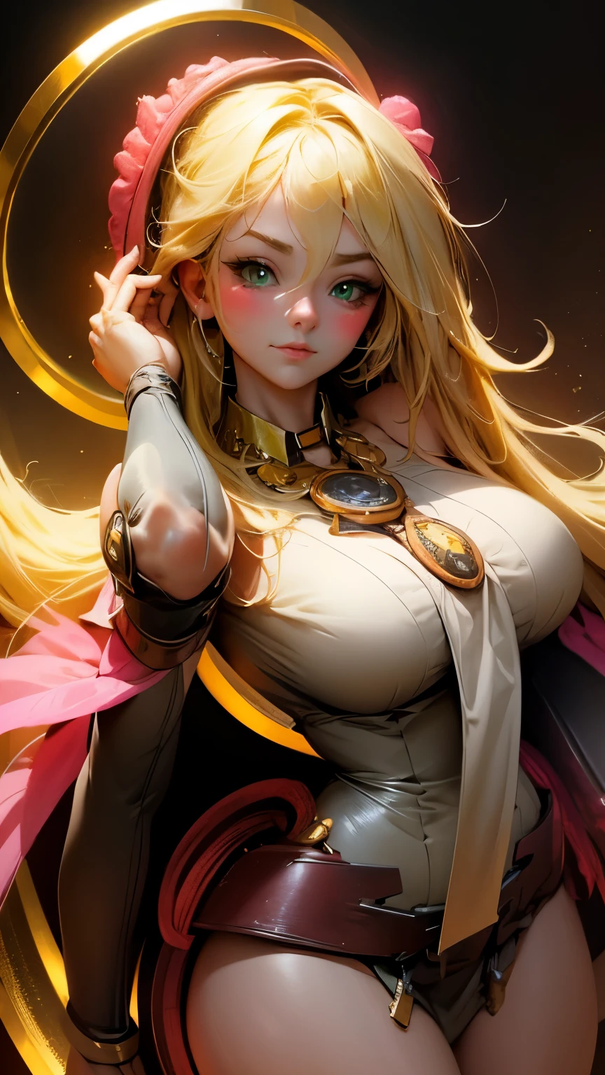 Beautiful face of the dark wizard Gils. Extra long blonde hair. green eyes. Thick and long eyelashes, blush on the cheeks, gold necklace, big breasts. magic circle background. Sensual and seductive pose.