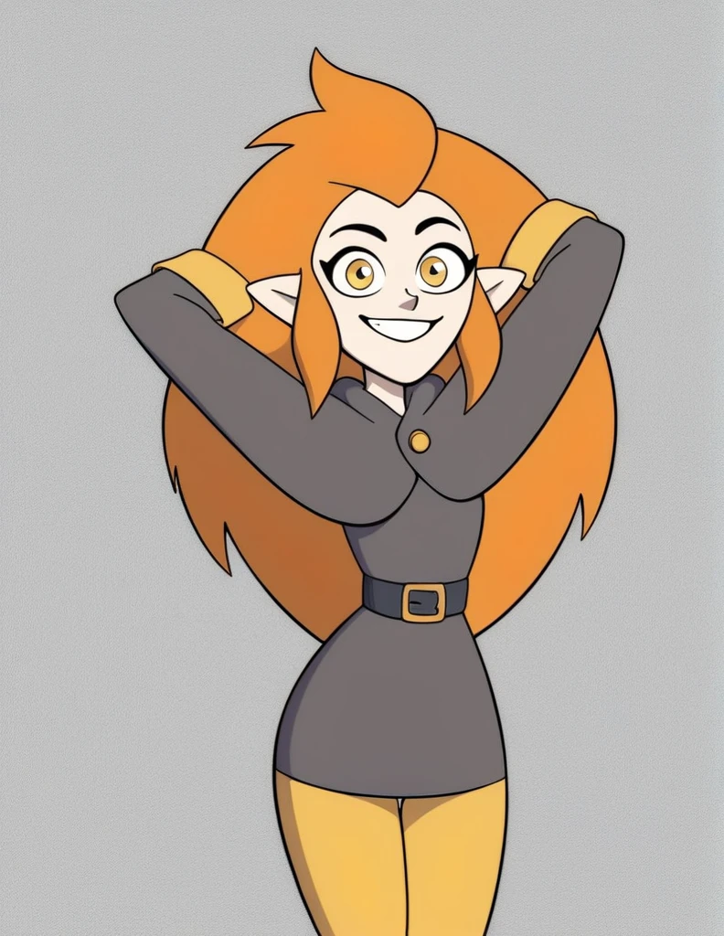 eda clawthorne, orange hair, long hair, yellow eyes, pointy ears,
, capelet, grey skirt, yellow sleeves, yellow leggings, 
smile, looking at viewer, arms behind head,
white background, grey shirt,sexy, sexy girl