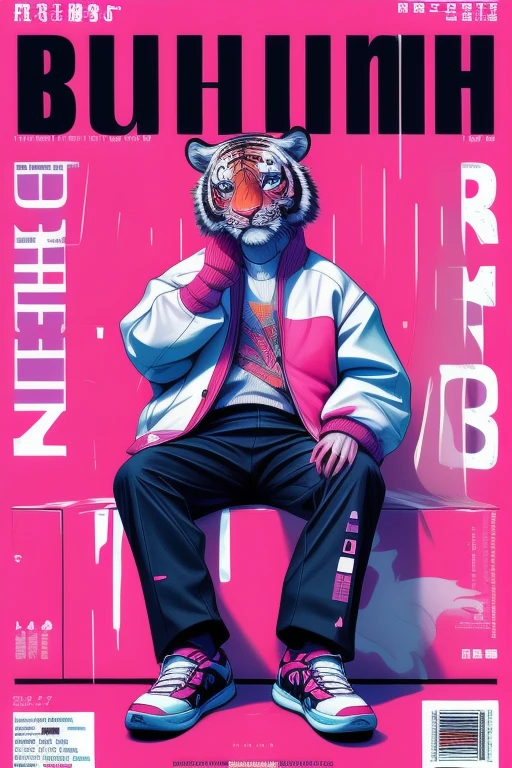 Anthropomorphic white tiger, Dissolve, jacket, Pink Theme, Sitting, Popular shoes for young people, Magazine cover style, article 