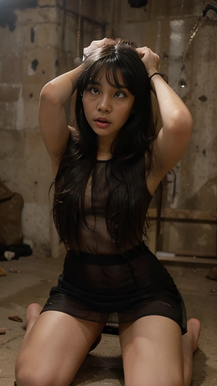 Young sweet beautiful Bogor city girl, 17 years old, slim body, medium breasts, very georgeus sweet face, very messy shoulder long black hairs, descent mixed from sundanese and javanese, roman nose, shivering lying down chained on a desk, head lying on the desk, both her hands tied to the wall by ropes to the wall, being  having heavy tortured, open very wide legs  that chained to the wall in the empty room, wearing white thin full  torn aparts  destroyed lingerie, no underwear, no panty, no bra, dense hairs on vagina visible, vagina visible, nipples visible, hyperrealistic, very detail, being having high voltage electrocuted using  copper  cable wire inserted into her anus, from top head to toes view, crying out loud full painfull tormented face, open very wide mouth, sweaty and dirty skins, sweat flowing on her sweet face, crying for mercy,  tears flow out from her eyes, semi nude, some bleeding wounded on her skins, peeing and defecating, ballgag in her mouth, 