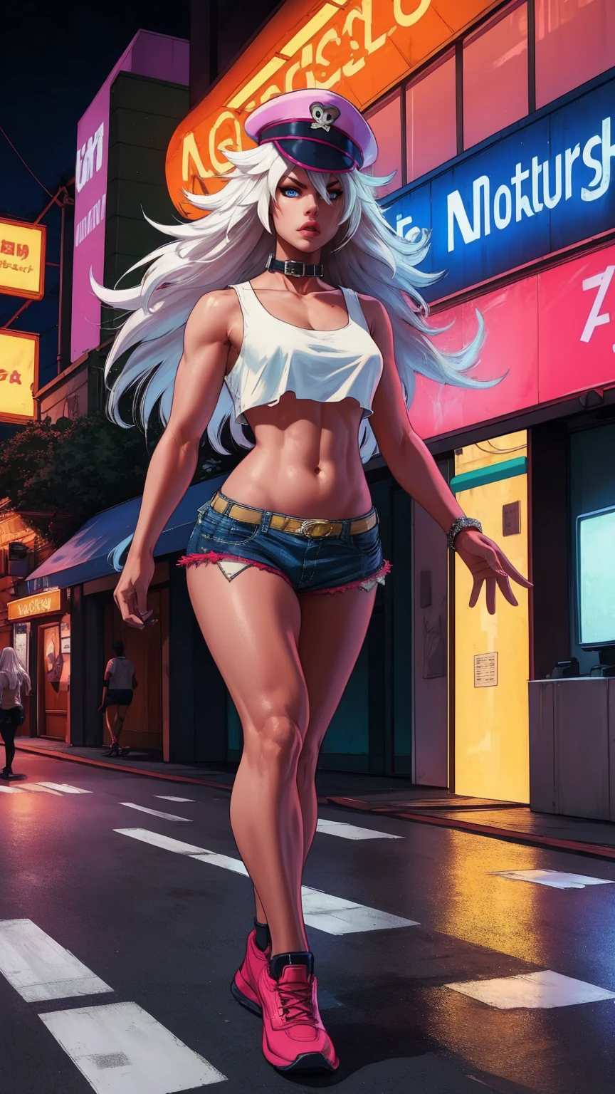 white hair,blue eyes,long hair,white crop top,collar,short shorts, peaked cap, upper body,walking, nice shoes,looking at viewer, night,neon lights,streets, (insanely detailed, masterpiece, best quality),solo,