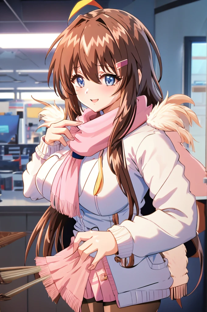 - Gal game style, One girl, Alone, Blue Eyes, Hair accessories, pink scarf, scarf, Ahoge, smile, mirror, reflection, Blurred, Hair Clip, jacket, Check pattern, , bangs, Fur trim, pink jacket, Virtual YouTuber, Check pattern scarf, Mouth closed, Depth of written boundary, cardigan, shirt, pink cardigan, Dated, Long sleeve, indoor, Brown Hair, Open clothes, Fringe trim, Blurred foreground, signature, Brown upper body, Coat, (Accurate fingertips, Browse 4, Thumb 1),