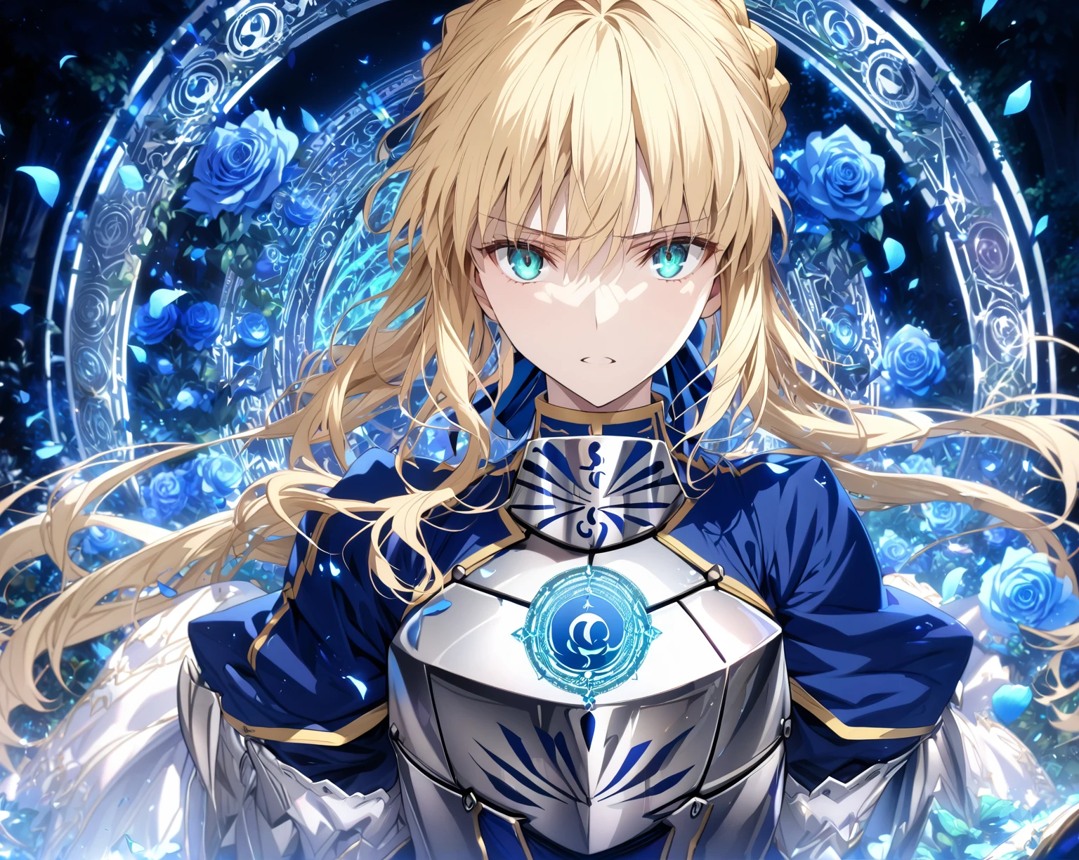 absurdres, highres, ultra detailed, HDR, master piece, best quality, extremely detailed, detailed eyes, detailed face, Artoria Pendragon, Saber, blonde hair, expressive turquoise eyes, Fate Stay Night, solo, woman, beautiful, blue dress, silver armor, magic circle, garden, green leaves, blue petals, blue roses, fantasy, magical