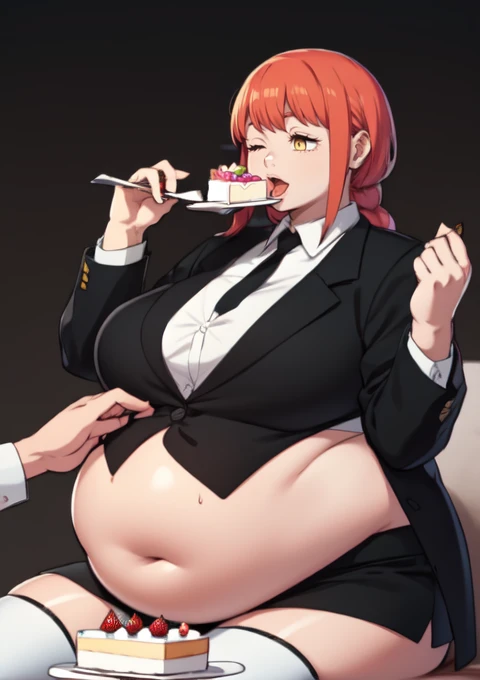 (masterpiece, best quality), 1girls, big belly, blurry background, huge belly, art by kipteitei, round belly, chubby, curvy, long hair, red hair, black mini skirt, thighhighs, in a living room , gradient_background, belly bursting out of black ,(((black suit jacket))), long sleeves, wearing a black tie, enormous belly, fat belly, thicc, bigger belly, really big belly, jiggly belly, giant huge belly, big enormous belly, ((((gigantic belly)))), bloated belly, fat belly, ginormous big belly, expanding big belly, sfw, safe for work, sitting on a sofa, sfw (safe for work), makima, (((a person out of frame is feeding her cake, cake is being shoveled into her mouth, her lips are closed around a slice of cake, a platter of cake, she has her mouth open wide f))), sweating, blushing, (mouth open wide, she is saying aaah), ((her belly is being grabbed and played with by floating hands)), she is restrained to the sofa, she is being force fed, exposed midriff 