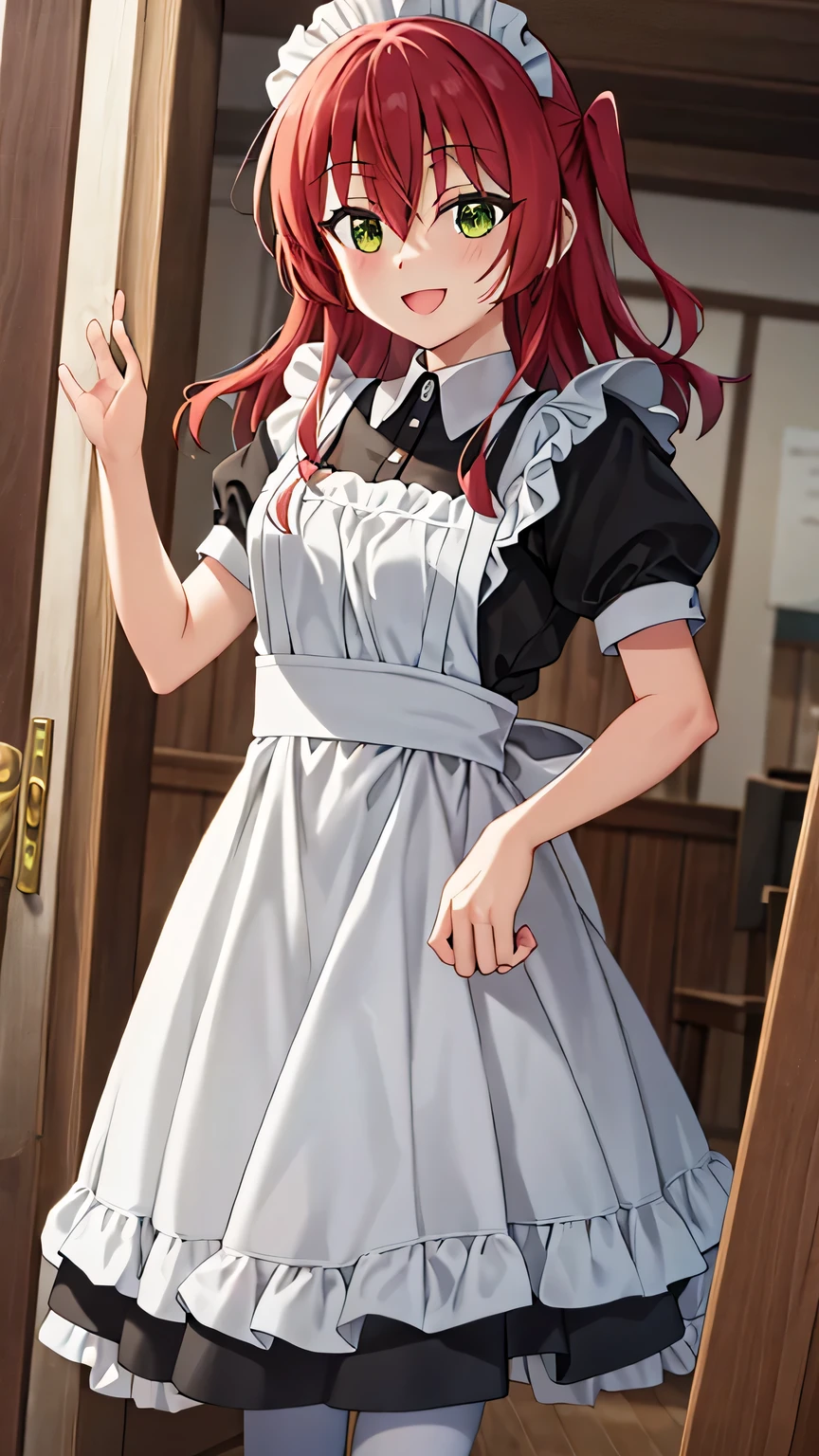 {{{masterpiece}}}, (best quality:1.5), {{ultra-detailed}}, {illustration}, {{an extremely delicate and beautiful}}, (beautiful detailed eyes:1.6), extremely detailed face, 16k, visual anime de uma jovem mulher, extremamente bonito rosto de anime, anime melhor garota, (perfect hands, perfect anatomy), anime face, ikuyo kita, kita_ikuyo_bocchitherock, cute face, 1girl, solo, (green eyes:1.5), big eyes, hair between eyes, long hair, one side up, red hair, medium breasts, thin waist, big hips, curvaceous, BREAK, maid attire, (black maid outfit:1.2), short sleeve, short skirt, white apron, headdress, white collar, (white thighhighs:1.3), black shoes, thighs, zettai ryouiki, BREAK, standing, open mouth, flushed cheeks, sorriso alegre, smiling, open mouth, visual anime de uma jovem mulher, extremamente bonito rosto de anime, anime melhor garota, indoor, daytime, Cafe, peer in from below