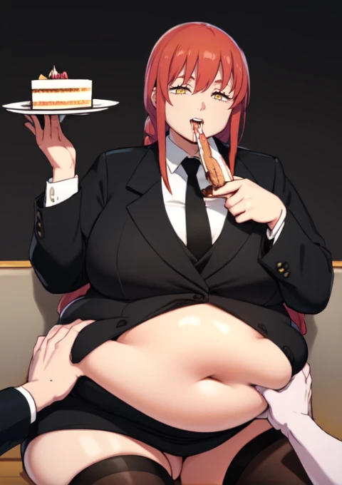 (masterpiece, best quality), 1girls, big belly, blurry background, huge belly, art by kipteitei, round belly, chubby, curvy, long hair, red hair, black mini skirt, thighhighs, in a living room , gradient_background, belly bursting out of black ,(((black suit jacket))), long sleeves, wearing a black tie, enormous belly, fat belly, thicc, bigger belly, really big belly, jiggly belly, giant huge belly, big enormous belly, ((((gigantic belly)))), bloated belly, fat belly, ginormous big belly, expanding big belly, sfw, safe for work, sitting on a sofa, sfw (safe for work), makima, (((a person out of frame is feeding her cake, cake is being shoveled into her mouth, her lips are closed around a slice of cake, a platter of cake, she has her mouth open wide f))), sweating, blushing, (mouth open wide, she is saying aaah), ((her belly is being grabbed and played with by floating hands)), she is restrained to the sofa, she is being force fed, exposed midriff 