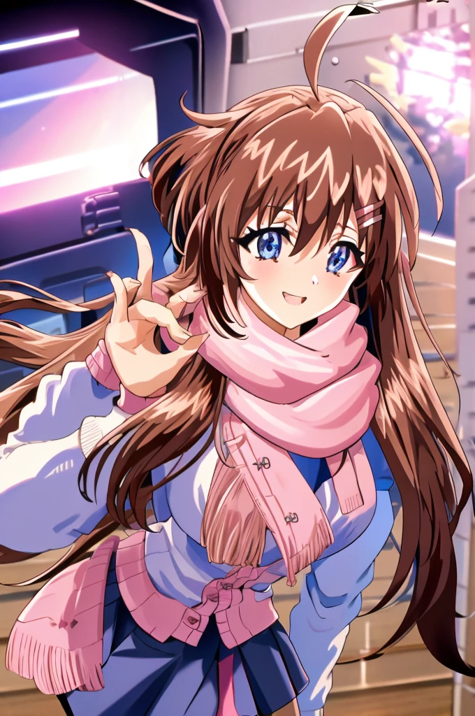 - Gal game style, One girl, Alone, Blue Eyes, Hair accessories, pink scarf, scarf, Ahoge, smile, mirror, reflection, Blurred, Hair Clip, jacket, Check pattern, , bangs, Fur trim, pink jacket, Virtual YouTuber, Check pattern scarf, Mouth closed, Depth of written boundary, cardigan, shirt, pink cardigan, Dated, Long sleeve, indoor, Brown Hair, Open clothes, Fringe trim, Blurred foreground, signature, Brown upper body, Coat, (Accurate fingertips, Browse 4, Thumb 1),