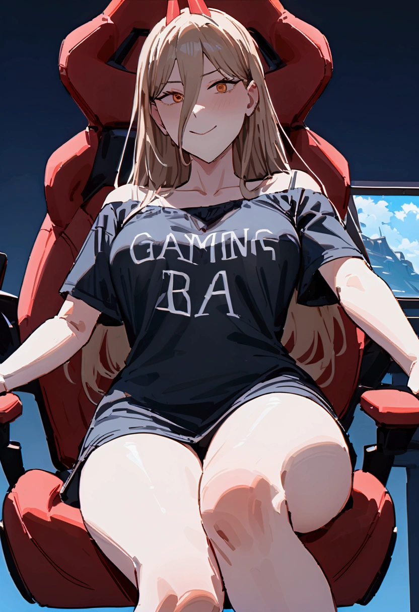 woman wearing a loose blouse that reaches her thighs, with the text "H a r l" written on the shirt,happy with a bold expression sitting in a gamer chair,  , detailed face and eyes, 8k, best quality.